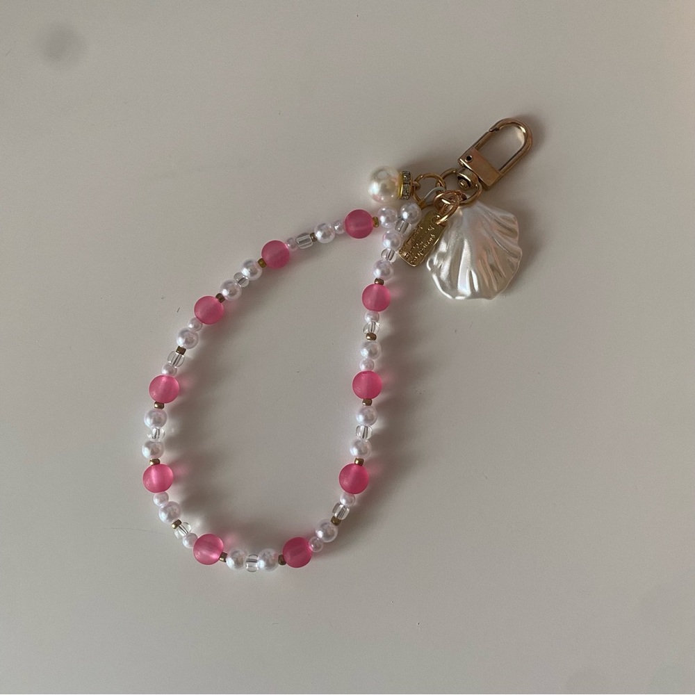 Pink and white beaded keychain